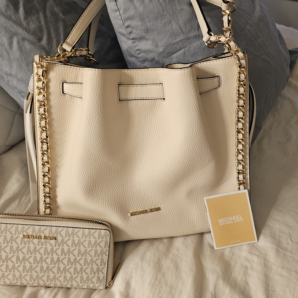 Michael Kors Cream Tote Bag and Matching Wallet with Gold Accents NWT